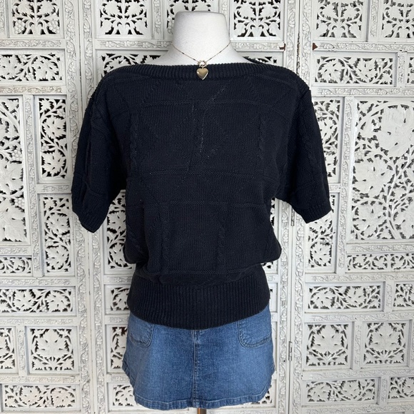 Vintage JH Collectibles Black Cable Knit Chunky Boat Neck Short Sleeve Sweater - Picture 1 of 6